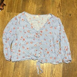 Blue and Orange V-Neck 3/4 Sleeve Crop Blouse